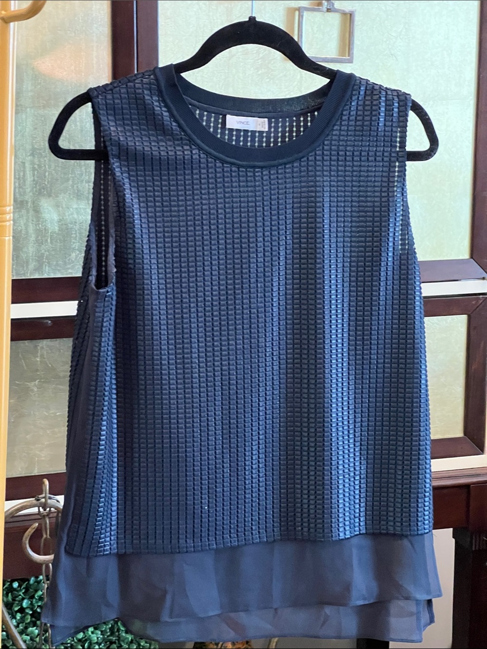 Vince Camuto Navy Textured Sleeveless Tank with Layered Hem